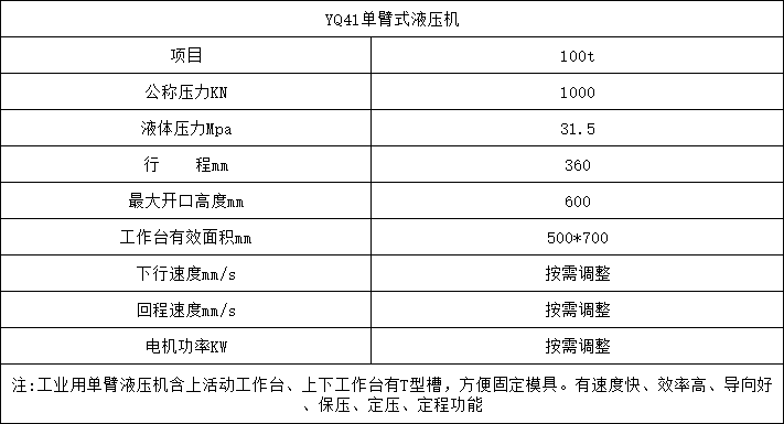 100噸單臂液壓機(jī)參數(shù)